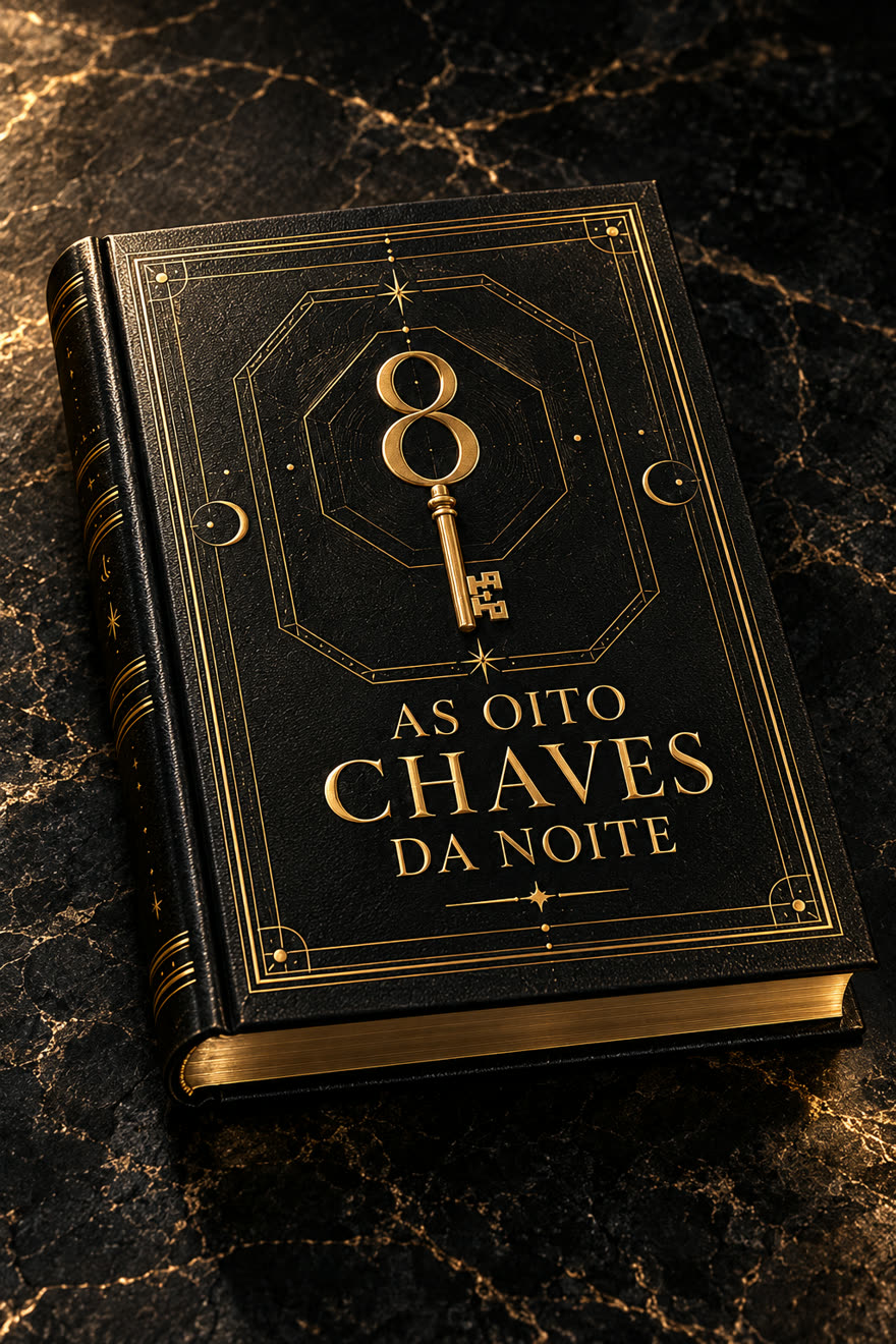 Ilustração do livro As Oito Chaves da Noite fechado sobre uma superfície de mármore escuro, com capa preta e detalhes dourados.